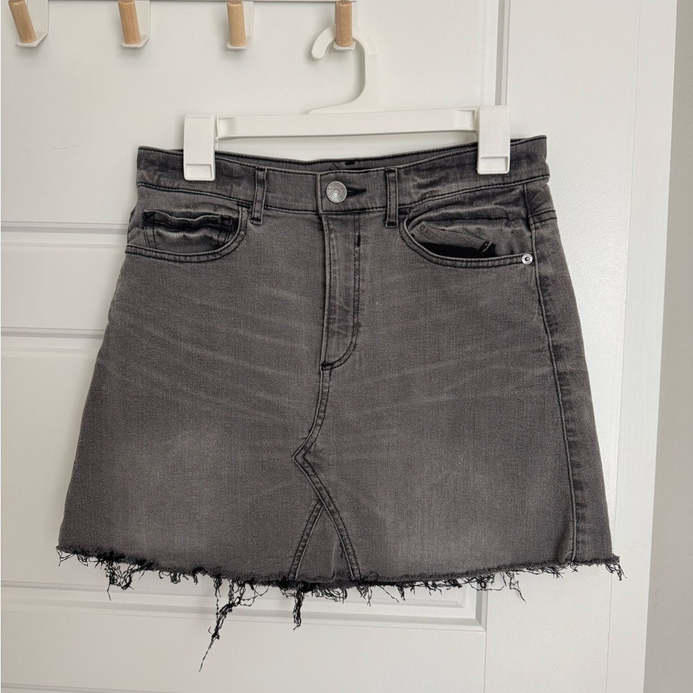 Express Gray Denim Skirt with Frayed Hem